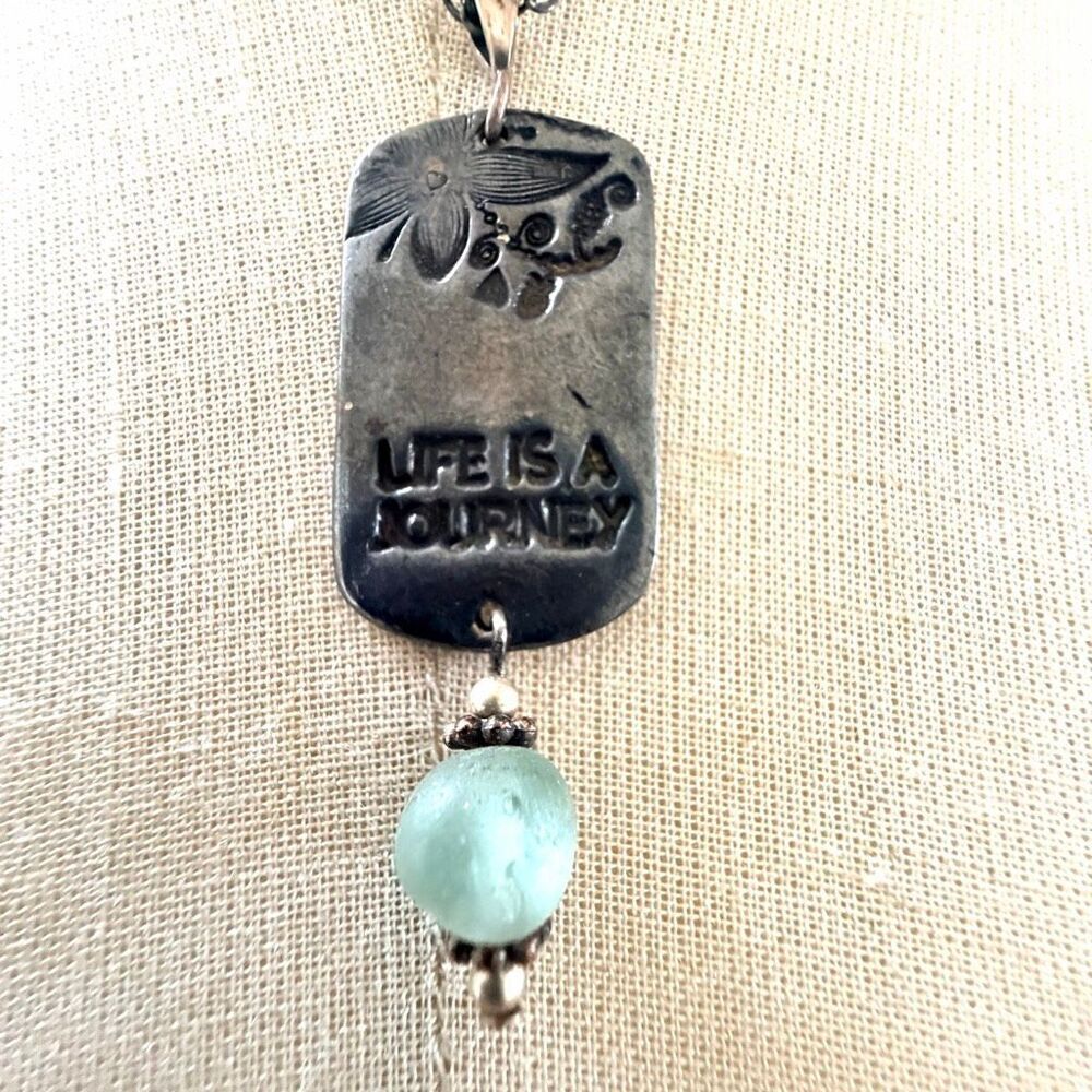 Handmade Sterling Silver Sea Glass “Life Is A Journey” Pendant Necklace 925